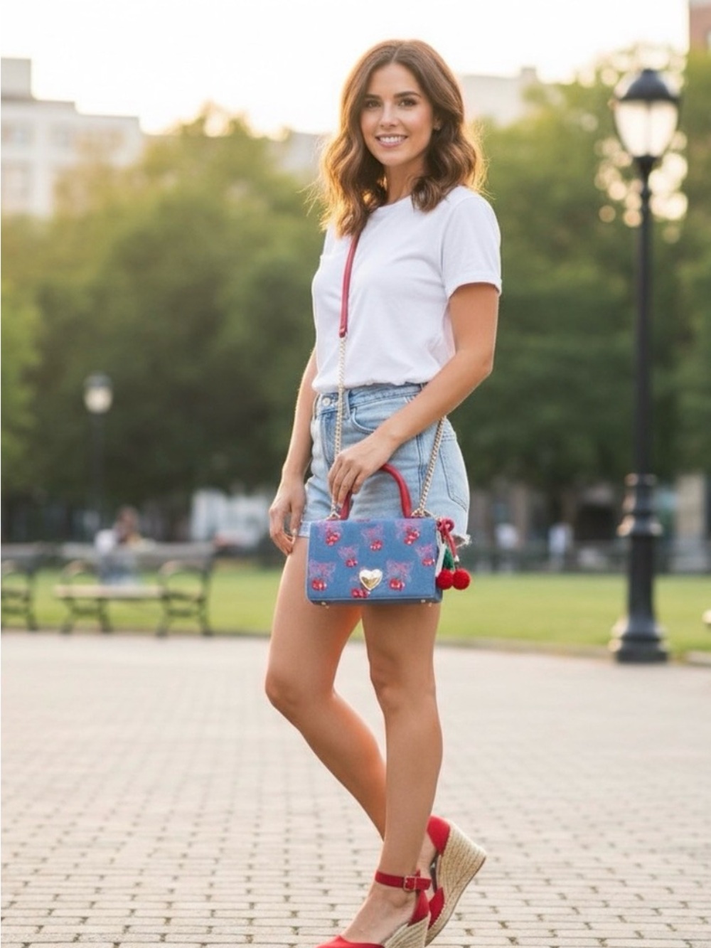 NWT Betsey Johnson Denim Blue Cherry Embroidered Mini Satchel w/Cherry Charm